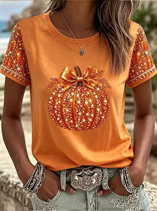 Casual Halloween (pumpkin) Crew Neck Short Sleeve…