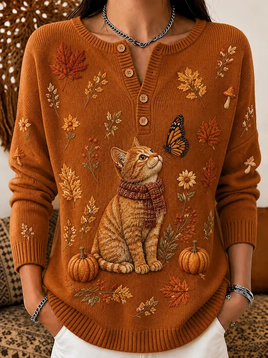 Vintage Butterfly Henley Collar Long Sleeve Sweatshirt
