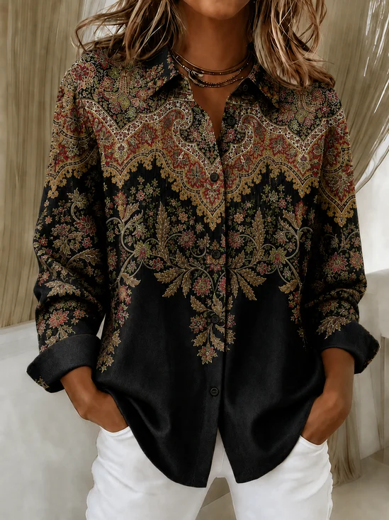 Women Floral Vintage Shirt Shirt Collar Long Sleeve Printing Top