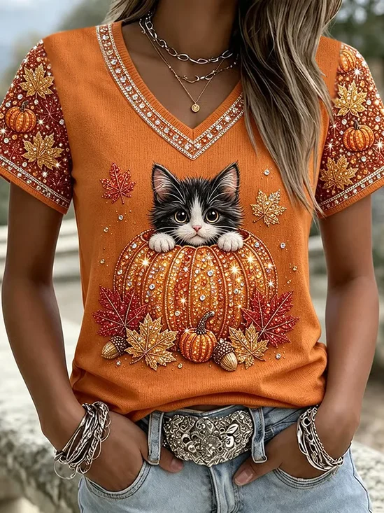 Vintage Cat V Neck Short Sleeve T-shirt