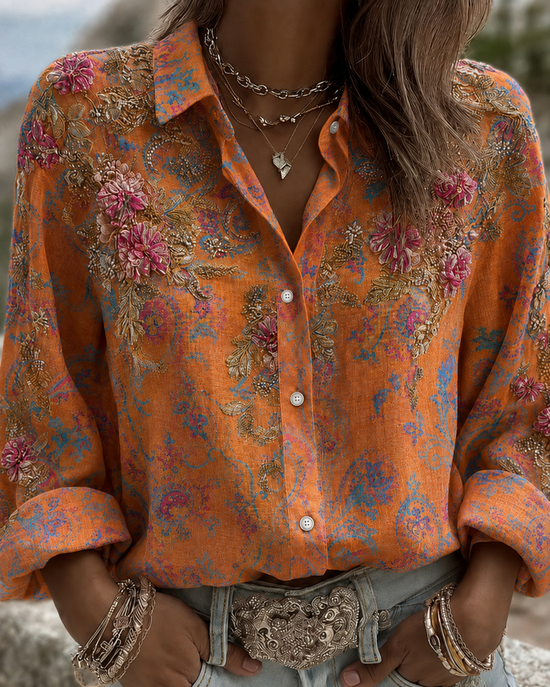 Women Floral Vintage Shirt Shirt Collar Long…