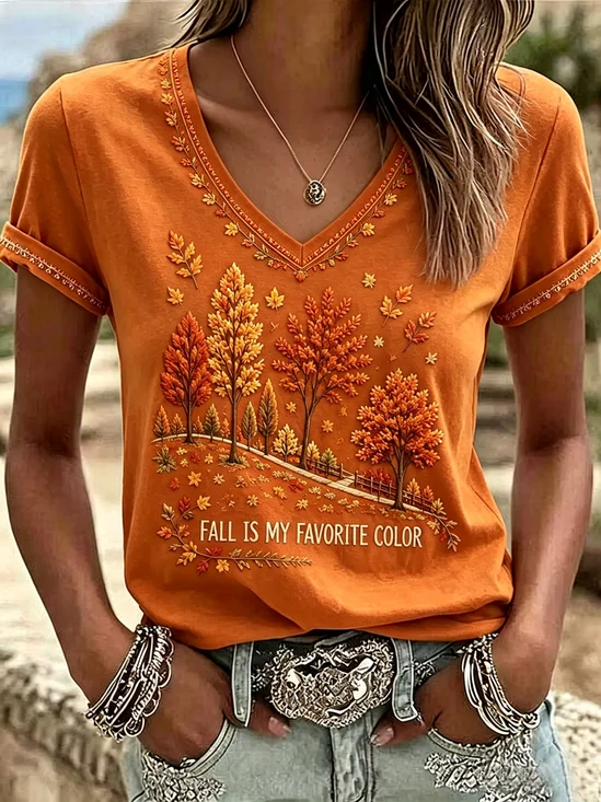 Vintage Maple Leaf V Neck Short Sleeve…