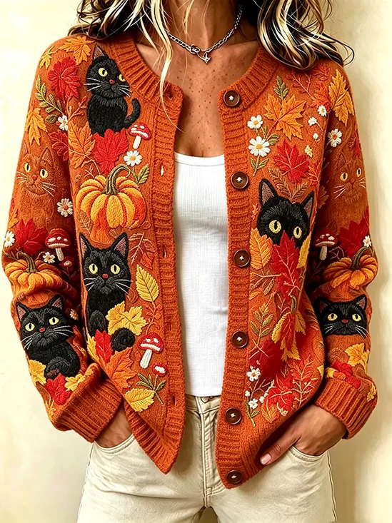 Women Cat Long Sleeve Comfy Vintage Printing…