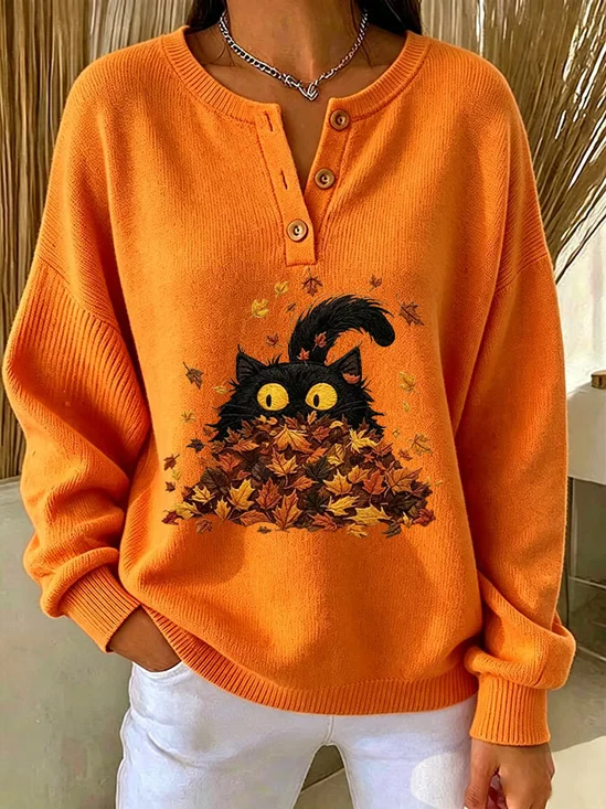 Casual Cat Crew Neck Long Sleeve Sweatshirt