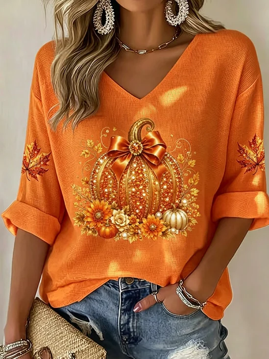 Casual Maple Leaf V Neck Half Sleeve…