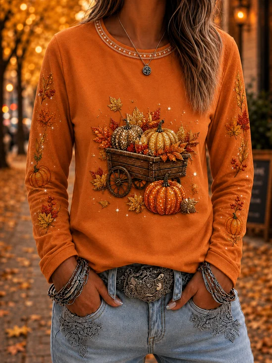 Casual Maple Leaf Crew Neck Long Sleeve…