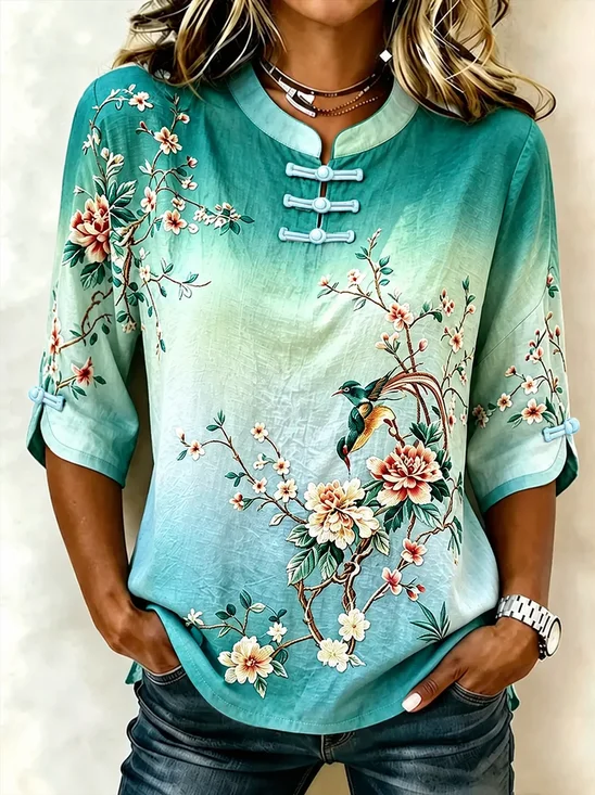 Mandarin Collar Half Sleeve Floral Printing Regular…