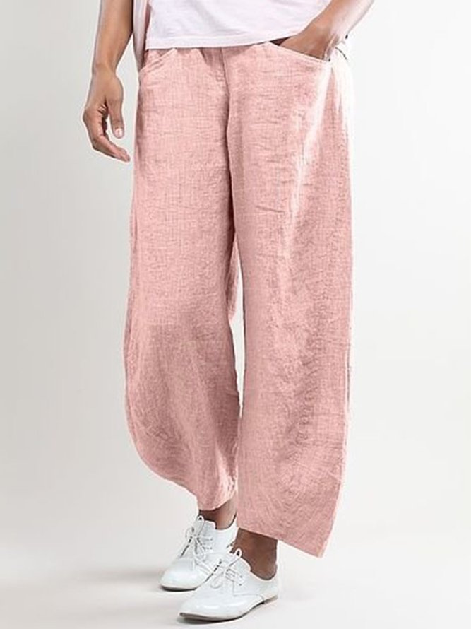 Women Summer Pink Cotton Pockets Shift Casual Capri Pants noracora