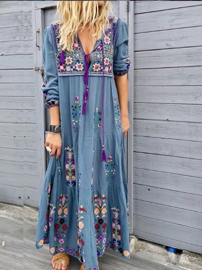 Woman Bohemia Blue Casual Patchwork Cotton-Blend V Neck Dresses