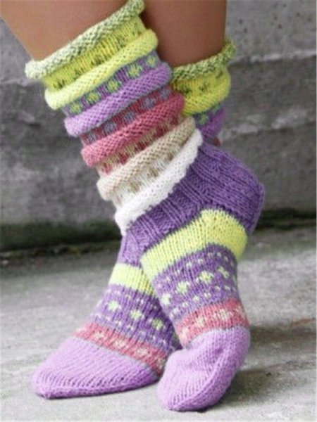 Women Casual Color Block Vintage Knit Socks