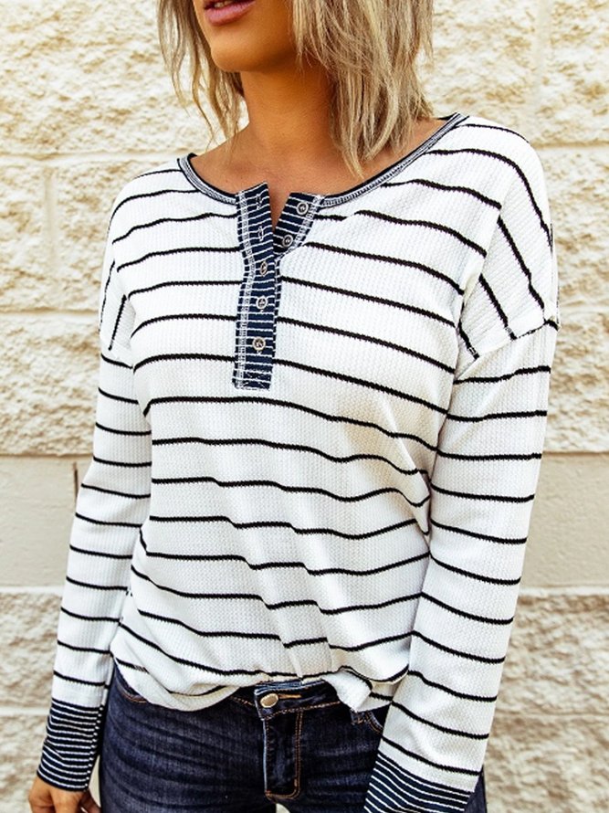 White Round Neck Stripes Cotton-Blend Casual Tunic Sweatshirt
