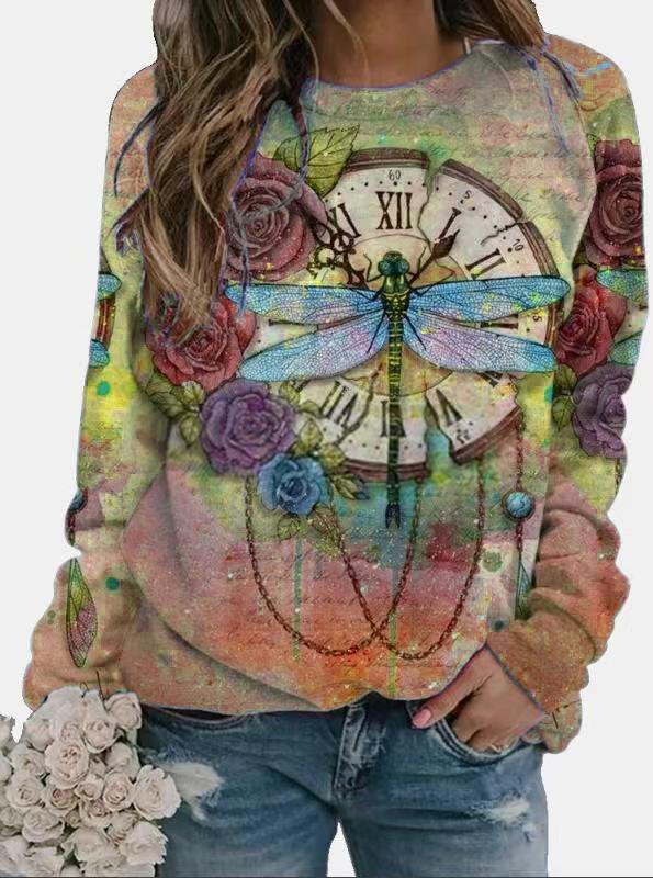 Dragonfly Floral Print Long Sleeve Crew Neck Sweatershirt Women
