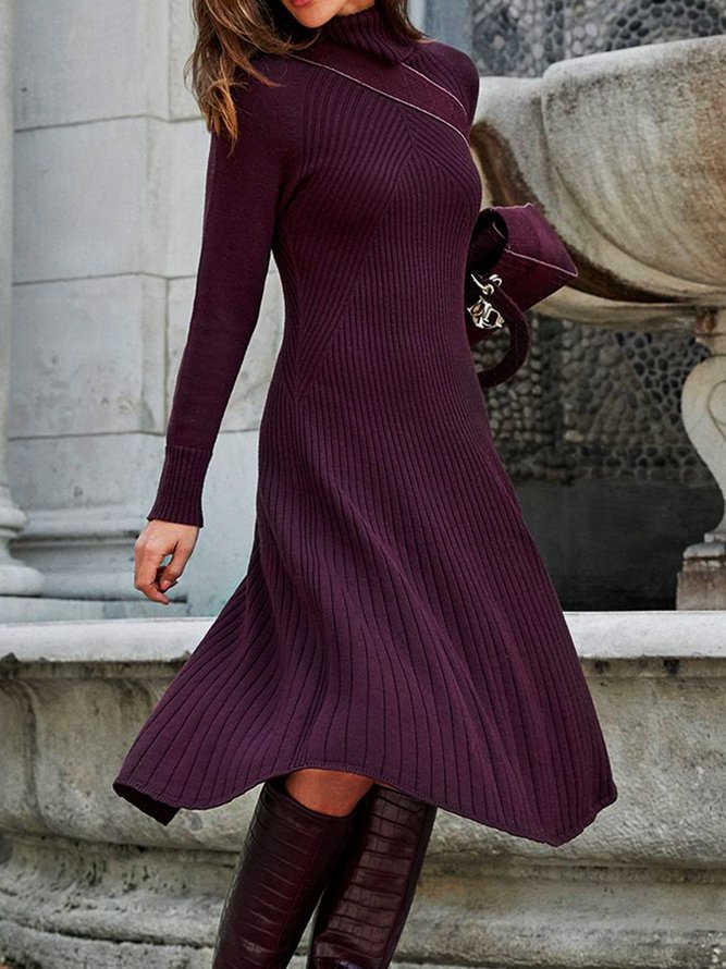 Shift Long Sleeve Turtleneck Plain Knitting Dress