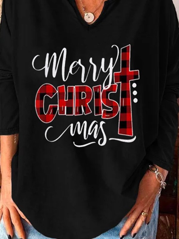 Christmas Printed V Neck Casual Tunic T-Shirt