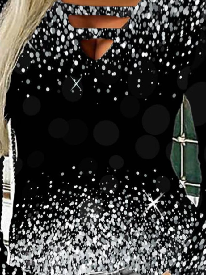 Christmas Casual Long Sleeve V Neck Printed Tunic Top