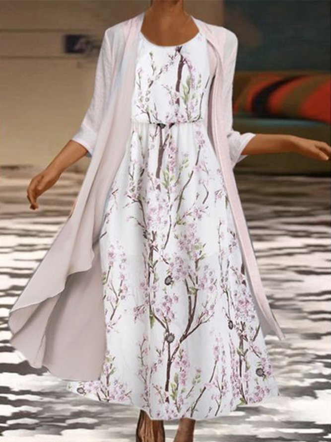 3/4 Sleeves Floral Crew Neck Plus Size Casual Two Piece Dress With Coat