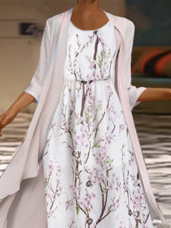 3/4 Sleeves Floral Crew Neck Plus Size Casual Two Piece Dress With Coat