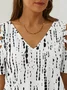 Tribal Geometric Striped Casual Hollow Out V Neck Loose Short Sleeve Tunic Blouse