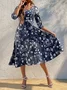 Women Floral Pattern V Neck Three Quarter Sleeve Comfy Vacation Maxi Dress