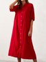 Women Plain Shirt Collar Half Sleeve Comfy Casual Maxi Dress