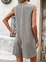 Women Sleeveless Square Neck Loose Shorts Daily Casual Striped Natural Overall Bib Pants