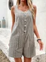 Women Sleeveless Square Neck Loose Shorts Daily Casual Striped Natural Overall Bib Pants