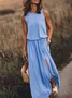Women's Round Neck Solid Cotton-Blend Boho Maxi Dress