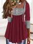 Casual Plain Stitched Buttons Color-block Long-sleeve Jersey Loose Tunic Top