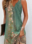 Women Casual Mini Dress Green Strap Print V Neck Sleeveless Loose Short Dress