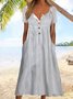 Women Striped Notched Short Sleeve Comfy Vacation Buckle Midi Dress