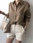 Women's Cotton Shirt Spring Loose Plain Shirt Collar Casual Blouse