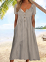 Women Striped Notched Short Sleeve Comfy Vacation Buckle Midi Dress