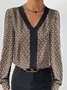 V Neck Long Sleeve Geometric Regular Loose Shirt For Women