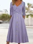 Women Plain V Neck Long Sleeve Comfy Casual Buckle Maxi Dress