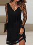 Women Plain V Neck Long Sleeve Comfy Casual Mesh Short Dress