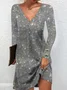 Women Sequin V Neck Long Sleeve Midi Party Dress