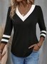 Women's Black And White Colorblock V Neck Long Sleeve T-shirt