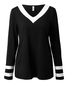 Women's Black And White Colorblock V Neck Long Sleeve T-shirt