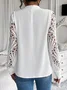 Stand Collar Long Sleeve Plain Lace Regular Loose Shirt For Women