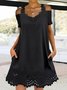 Women Plain V Neck Short Sleeve Comfy Casual Hollow Out Short Dress