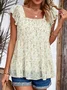 Square Neck Short Sleeve Small Floral Regular Loose Shirt For Women