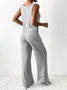 Women Plain Shirt Collar Sleeveless Comfy Casual Top With Pants Two-Piece Set