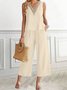 Women Plain V Neck Sleeveless Comfy Casual Lace Top With Pants Two-Piece Set