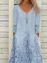 Women Floral V Neck Three Quarter Sleeve Comfy Casual Lace Midi Dress