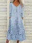 Women Floral V Neck Three Quarter Sleeve Comfy Casual Lace Midi Dress