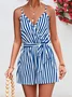 Women Gallus Spaghetti Regular Fit Shorts Daily Casual Striped Natural Jumpsuit