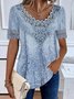 Crew Neck Short Sleeve Ethnic Lace Regular Loose Shirt For Women