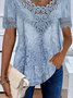Crew Neck Short Sleeve Ethnic Lace Regular Loose Shirt For Women