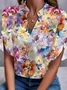 V Neck Short Sleeve Floral Regular Loose Shirt For Women