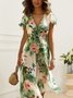 Women Floral V Neck Short Sleeve Comfy Elegant Lace-up Midi Dress